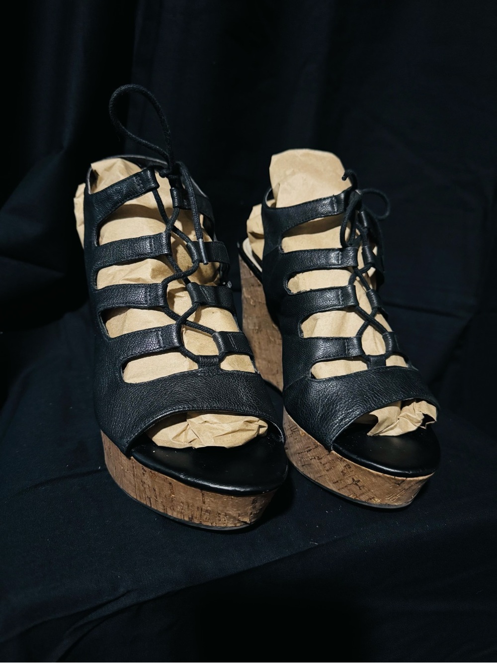 Franco Sarto black leather Cage lace-up Cork Wedge Sandals - Women
